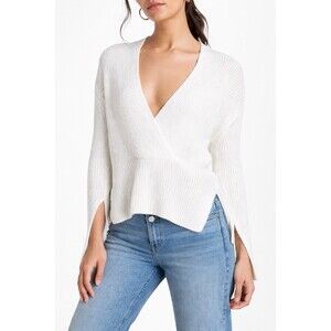 A.L.C. Nick Sweater White Ribbed Split Neck Slit Sleeve Cotton Sz M Capsule Chic